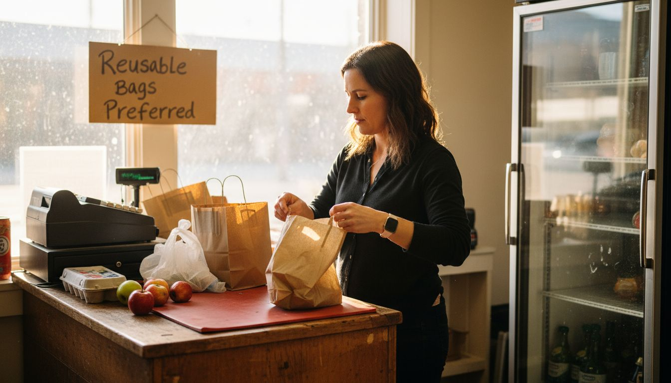 Grocery worker sorting paper and plastic bags