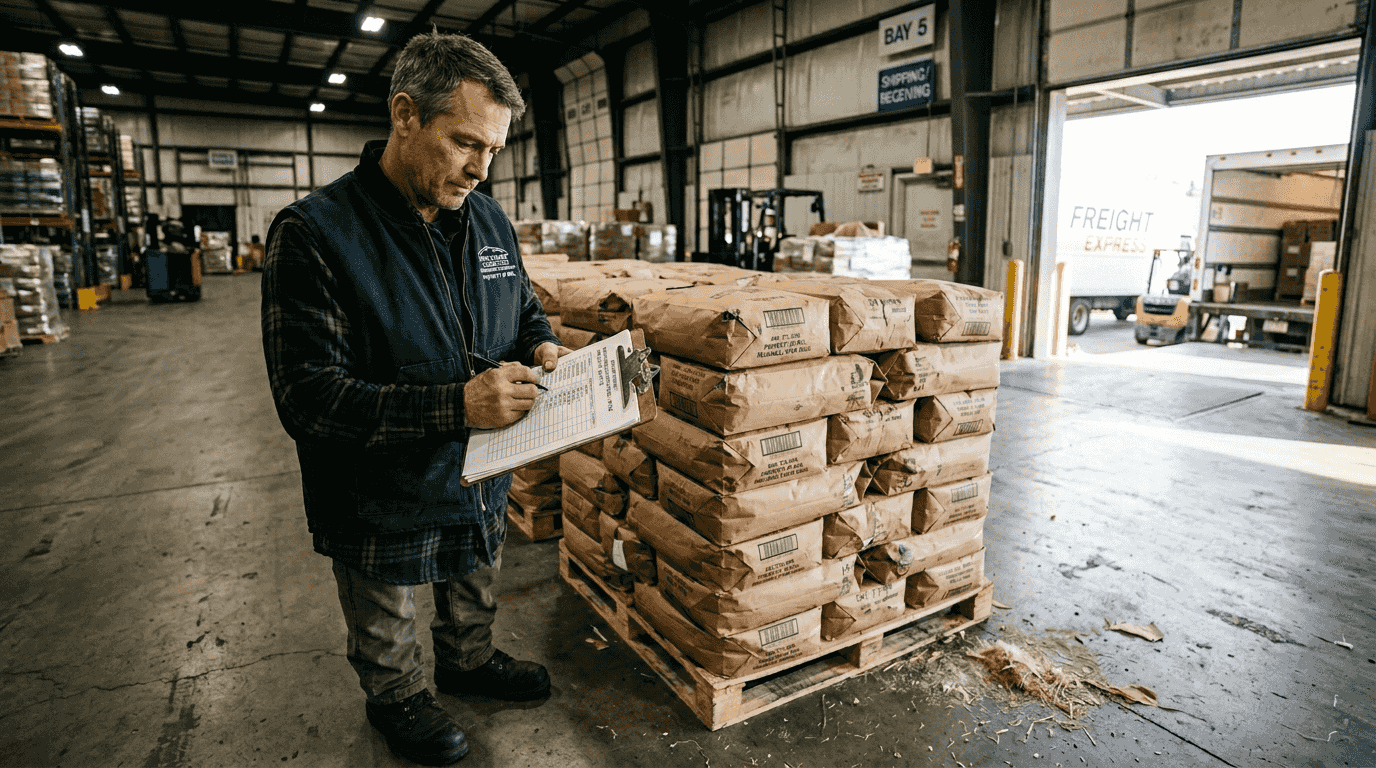 Supervisor checks reusable paper packaging inventory