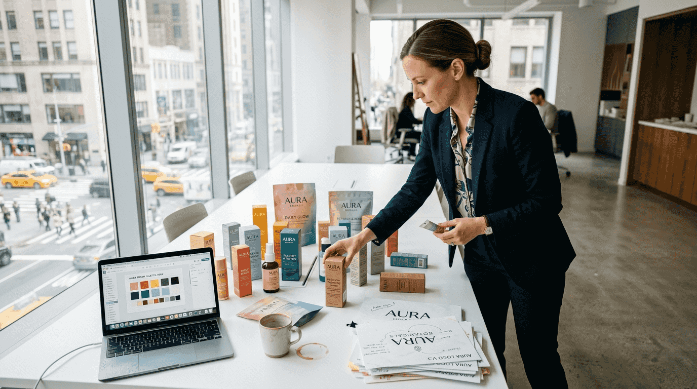 Brand manager arranging marketing packaging samples