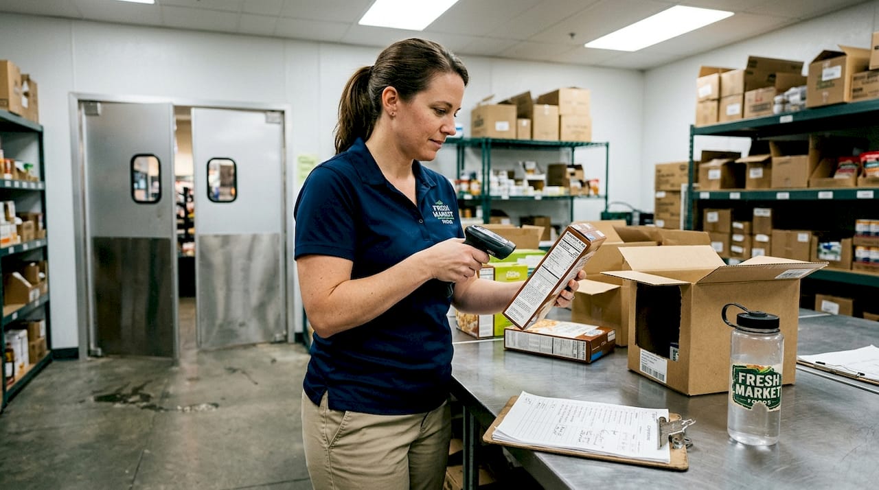Packaging manager scanning product label in stockroom