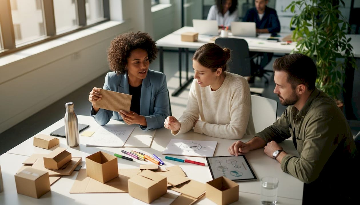 Team reviewing eco packaging prototypes in workspace