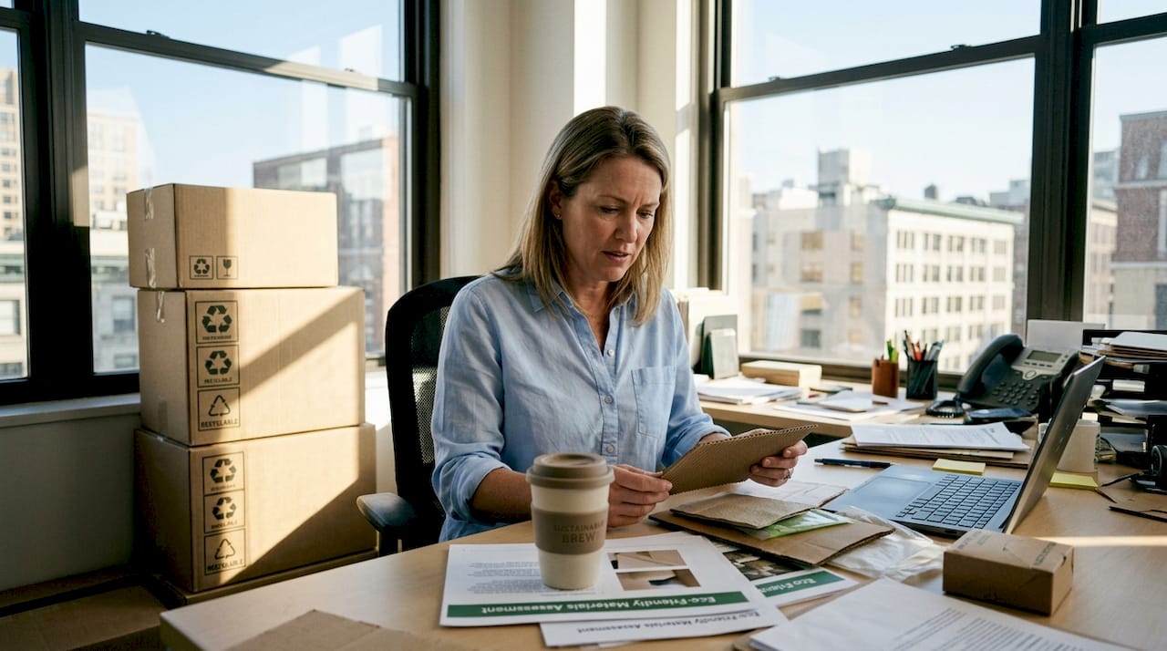 Manager examining eco-friendly packaging samples