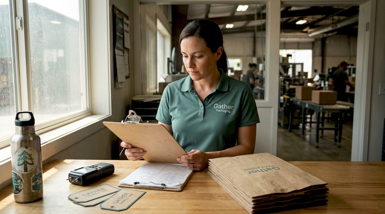 Supervisor checking paper bags with clipboard in factory