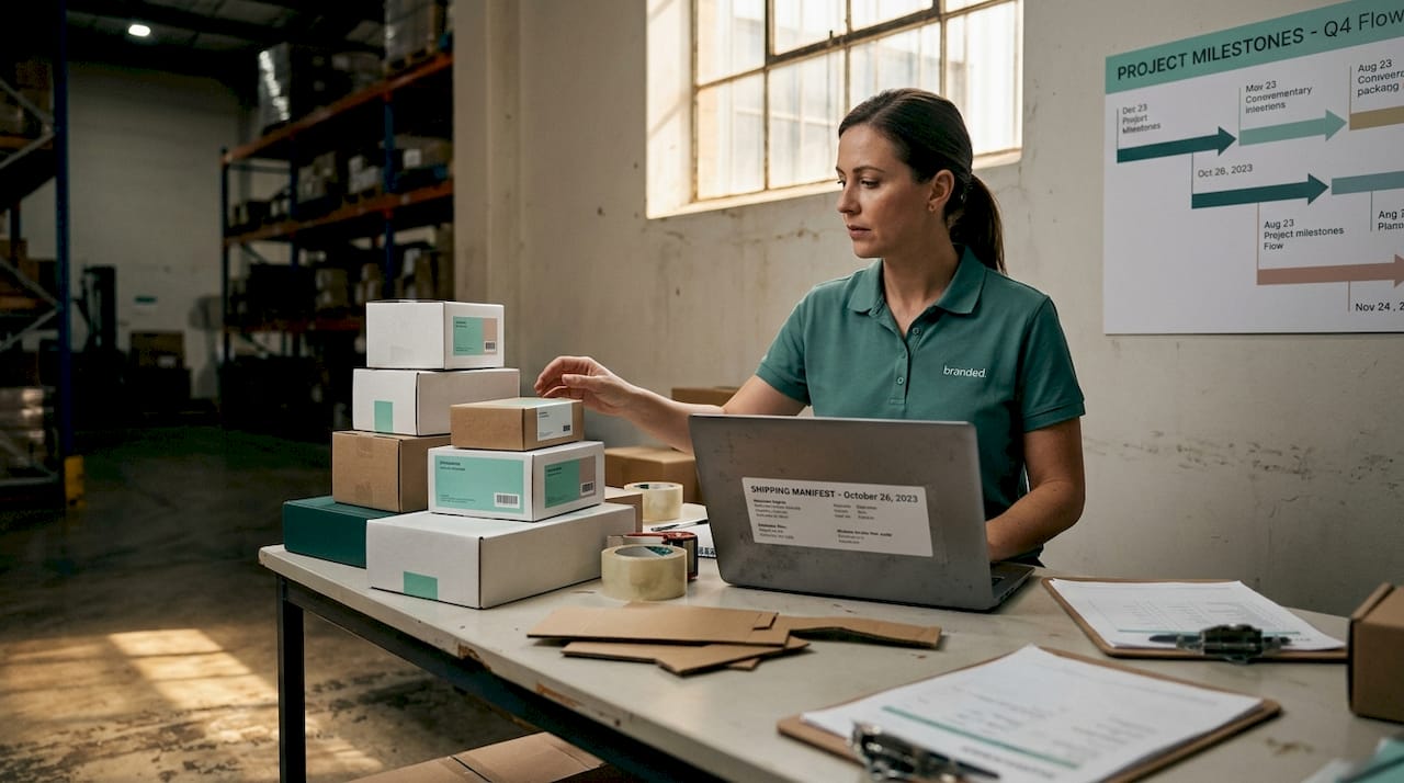 Coordinator reviewing packaging workflow in office