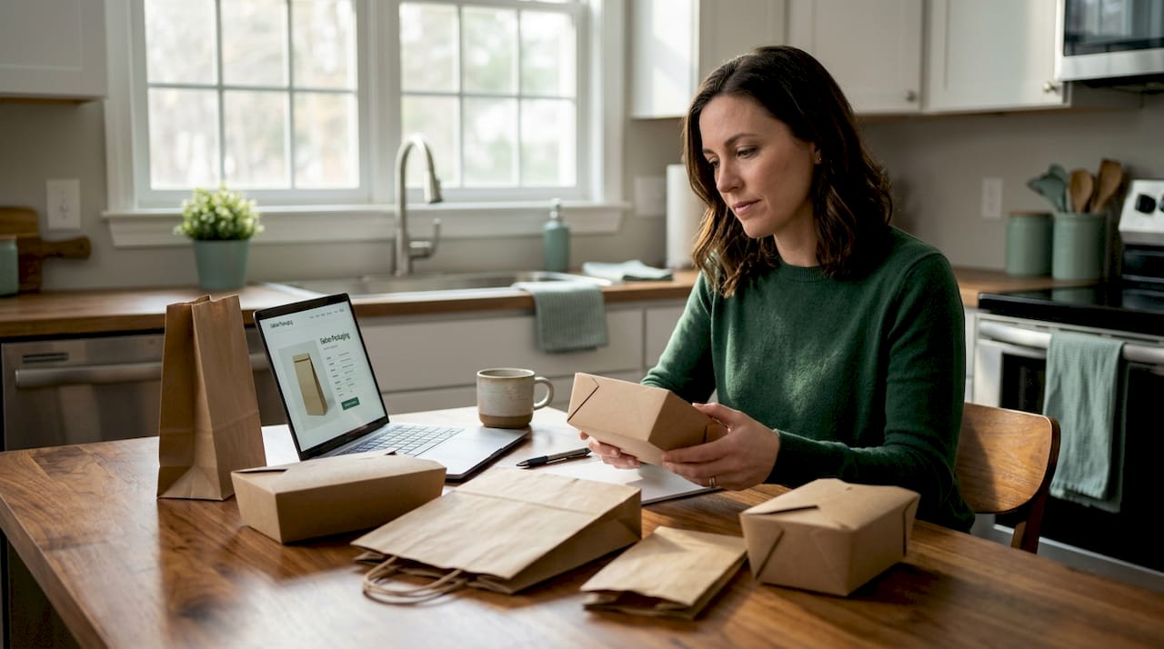 Business owner examines eco-friendly packaging samples