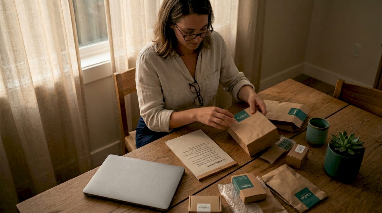 Brand manager inspects eco packaging shipment