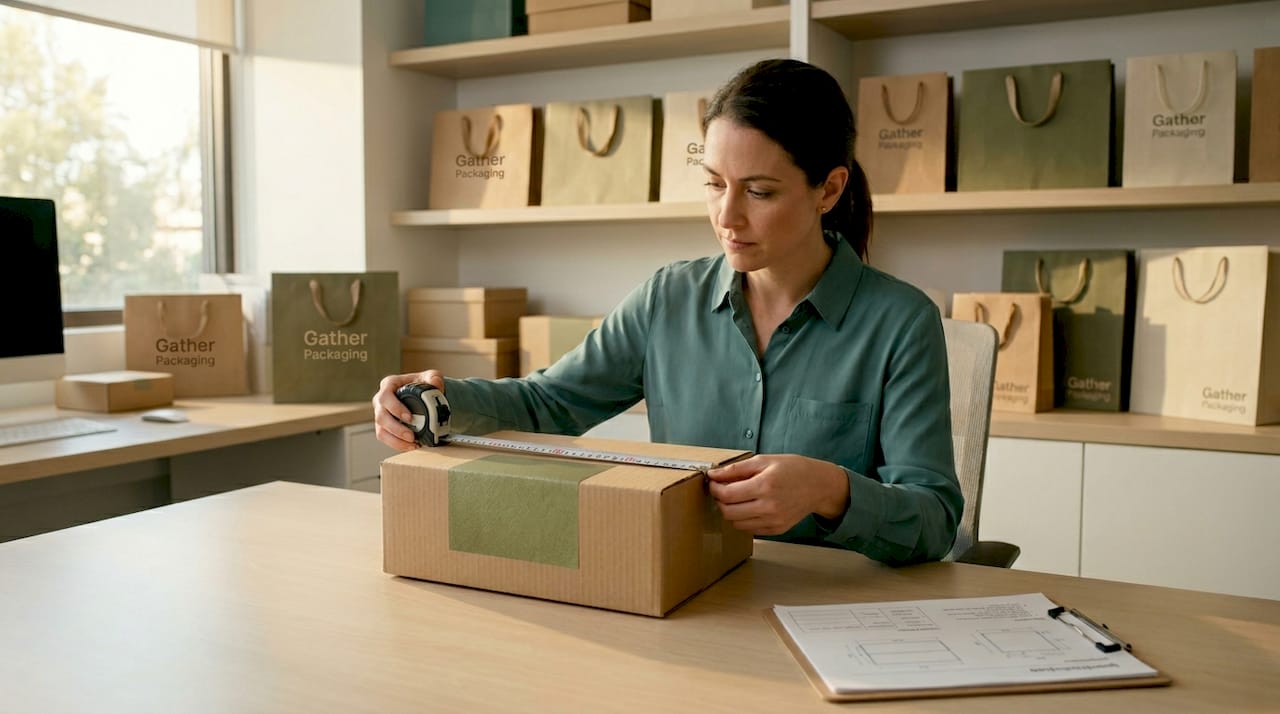 Packaging coordinator measuring product with shopping bag