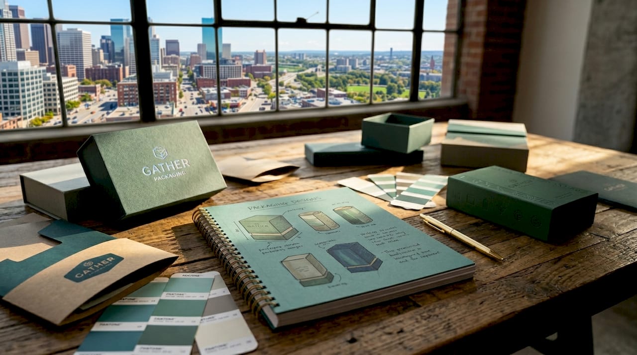 Designer desk with creative packaging samples