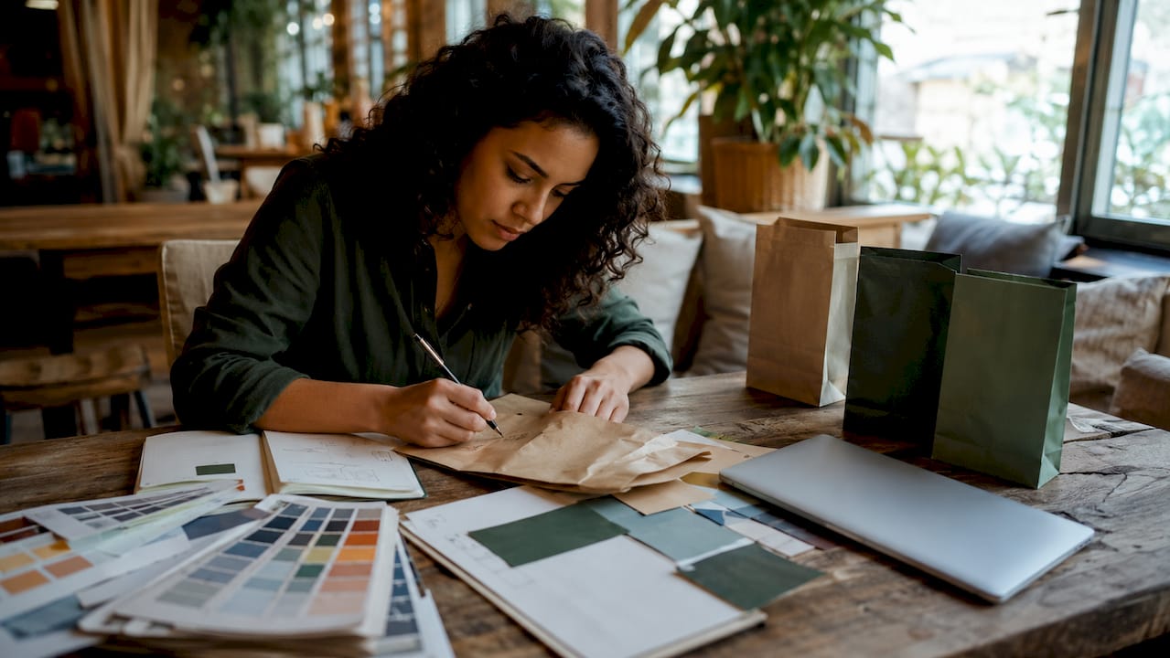 Brand strategist reviewing packaging samples
