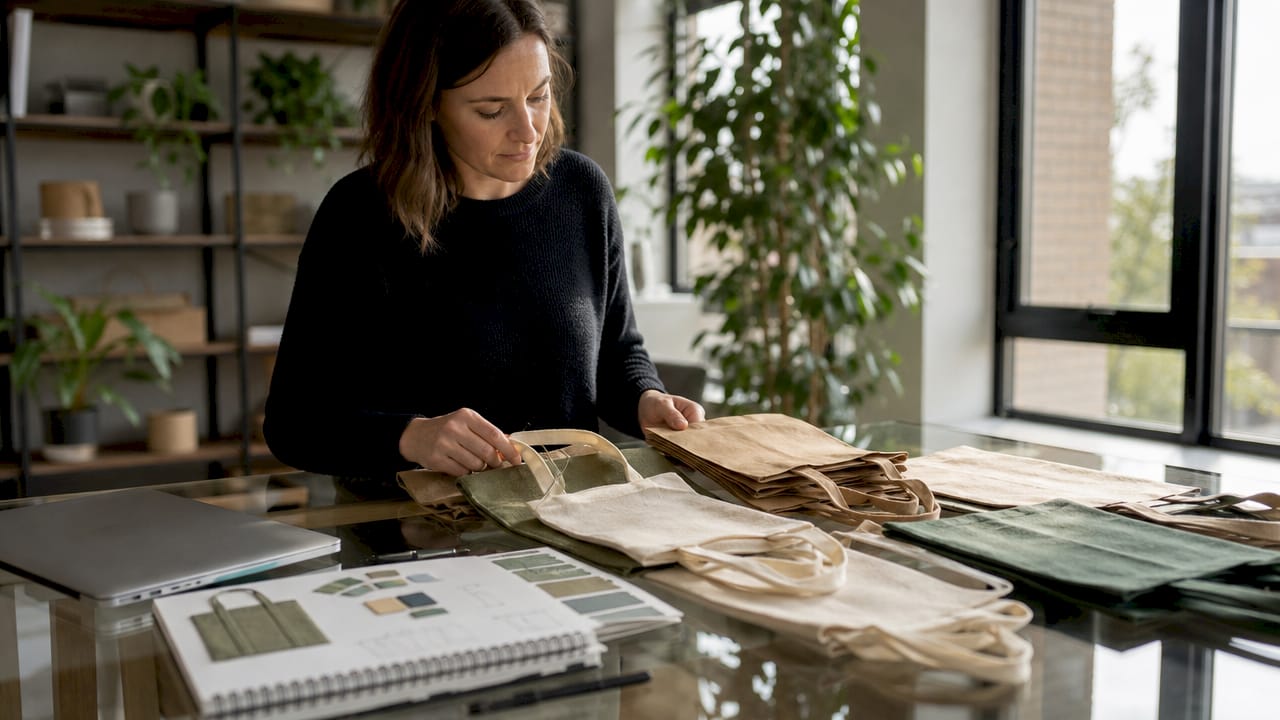 Designer reviewing shopping bag material samples