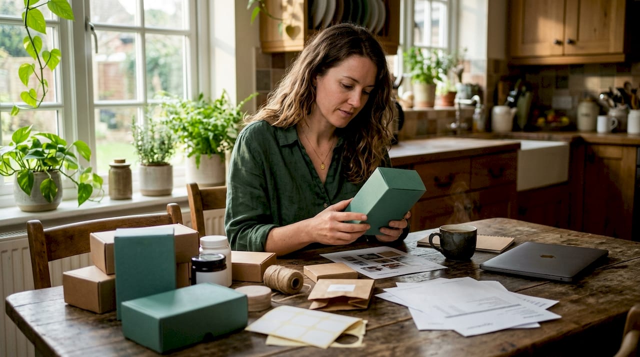 Businesswoman reviewing domestic packaging samples