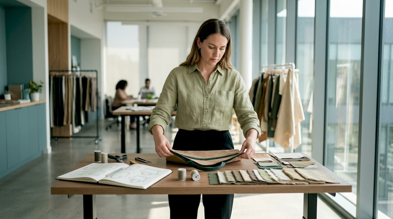 Designer crafting sustainable bag prototype