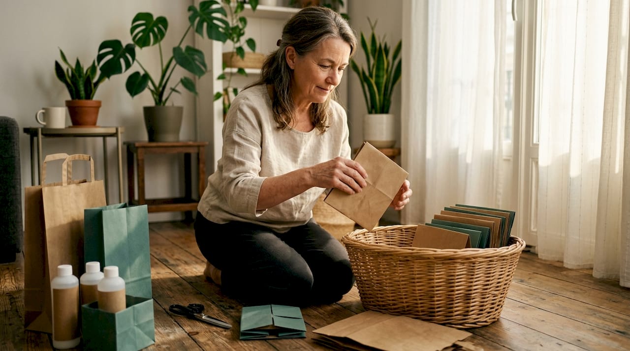 Woman making paper bag organizers at home