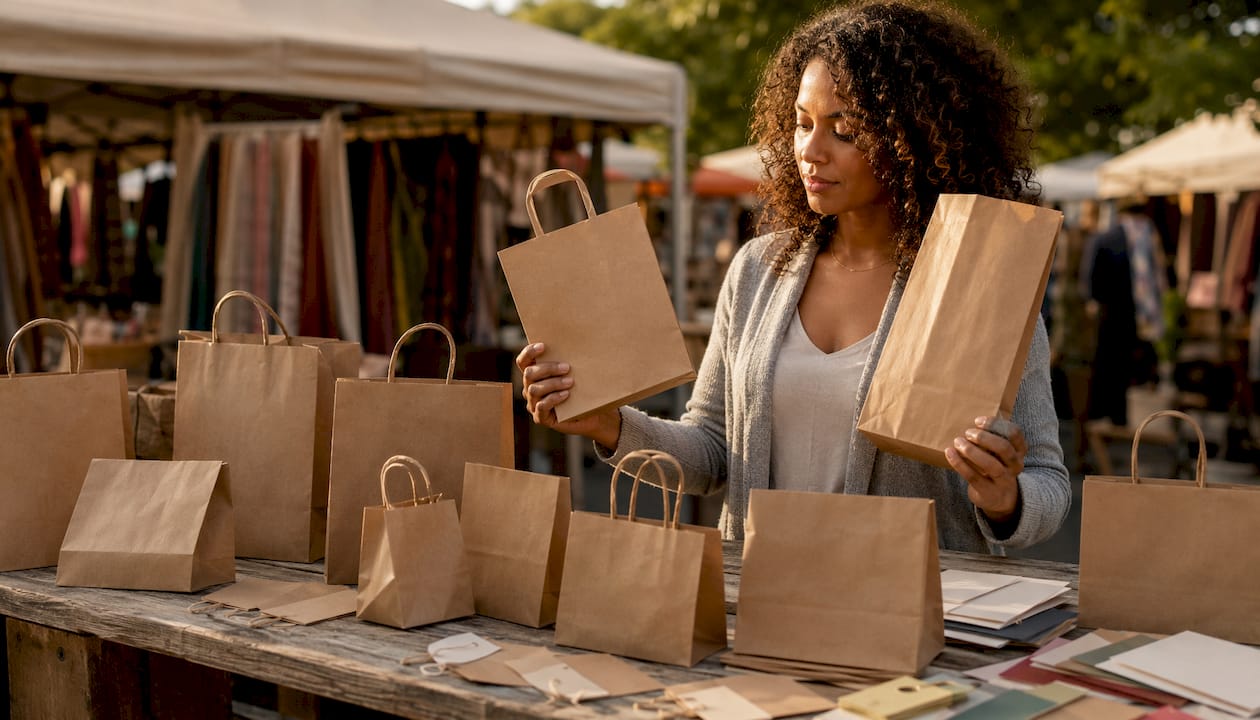 Retail buyer inspecting various reusable paper bags