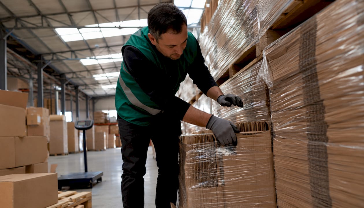 Warehouse worker stacking bulk paper bag pallets