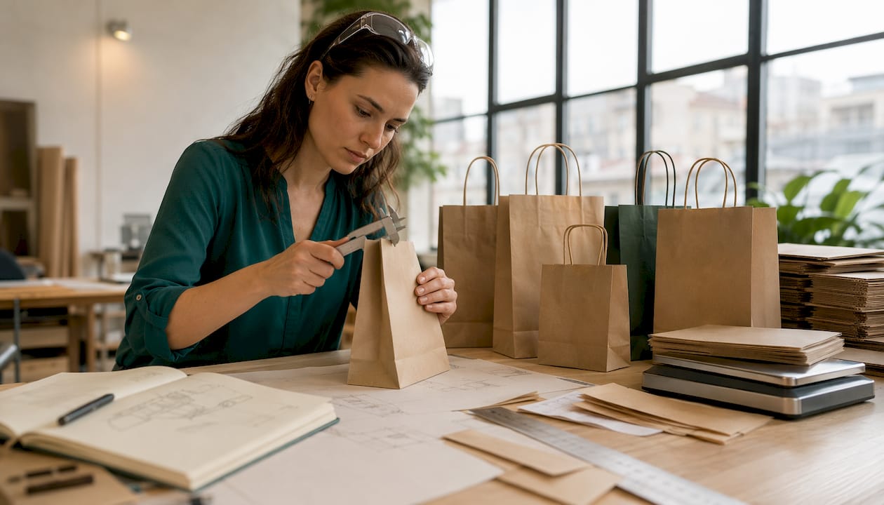 Engineer measuring gusseted paper bags at worktable