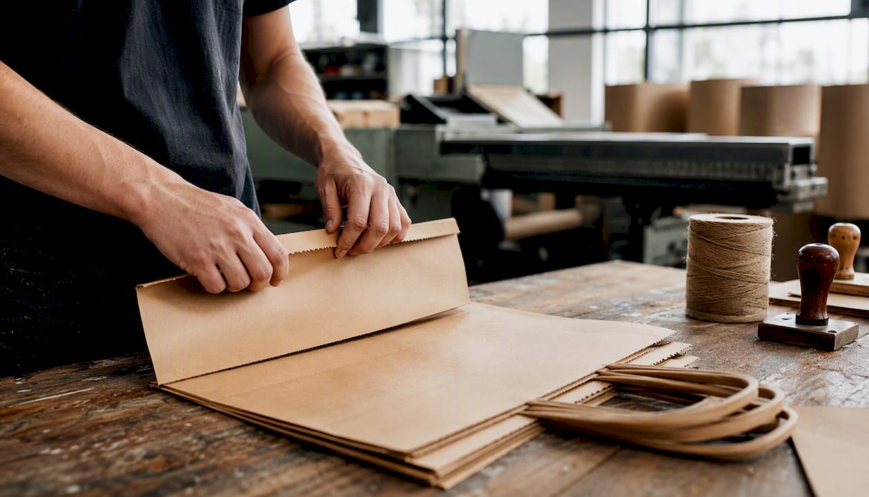 Hands crafting custom paper shopping bags