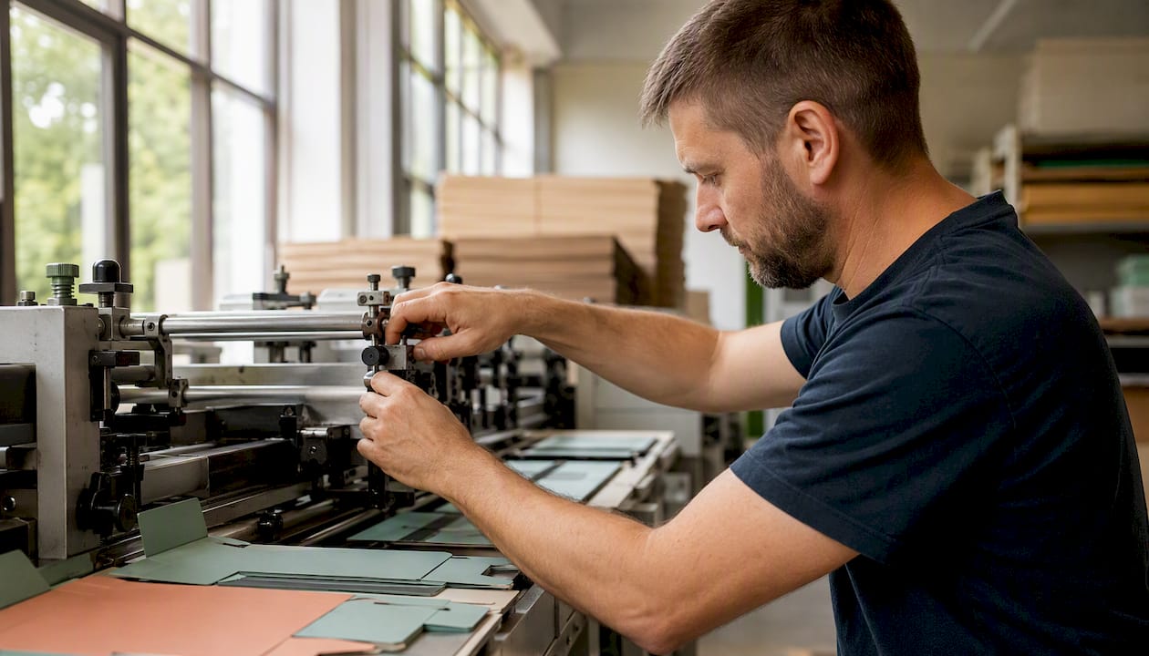 Hands adjusting folding carton machine