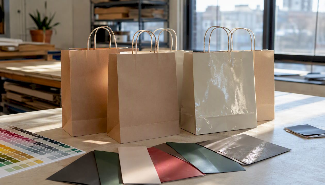 Close-up of matte and gloss finished paper shopping bags