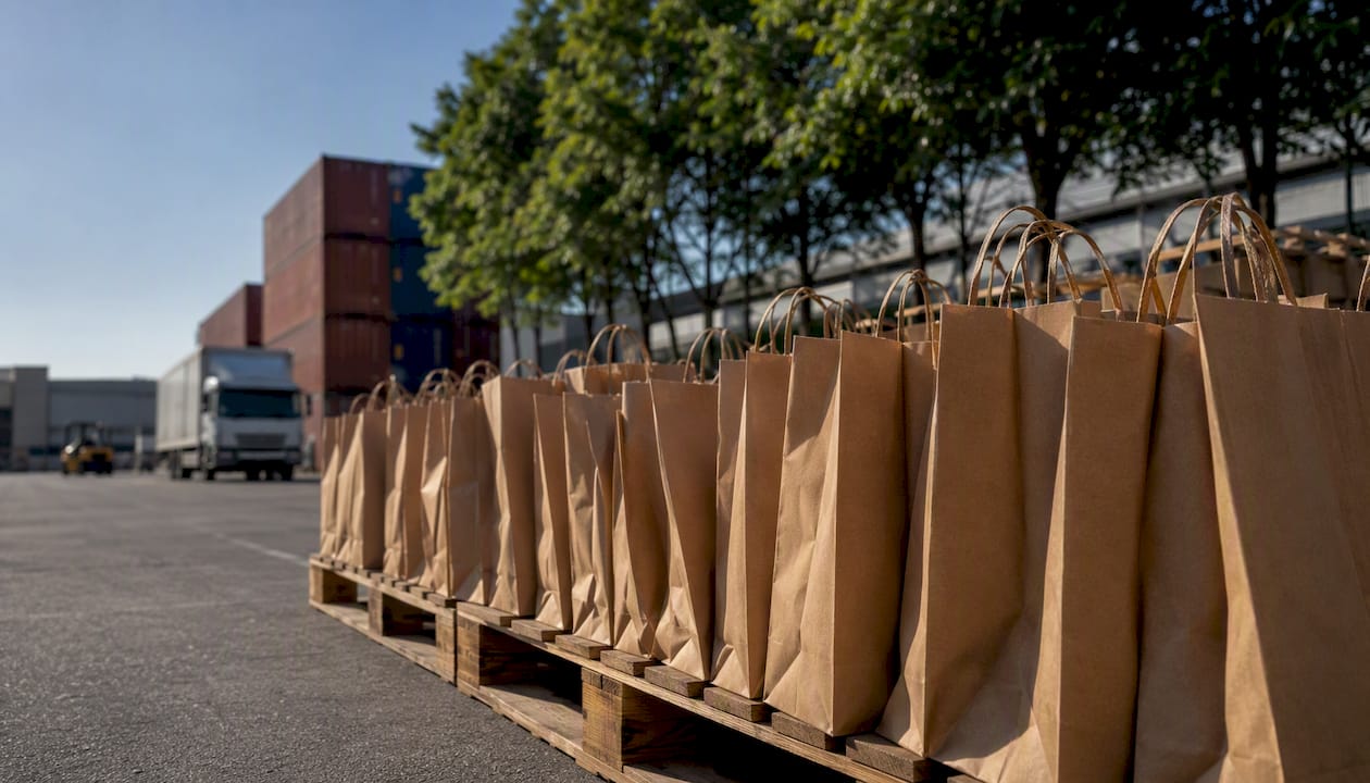 Stacked eco-friendly paper bags on pallets in warehouse