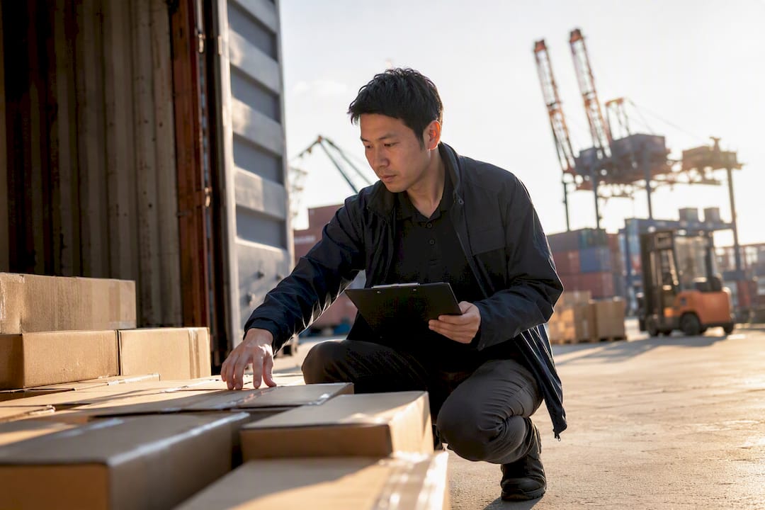 Hands inspecting labeled shipping cartons outdoors