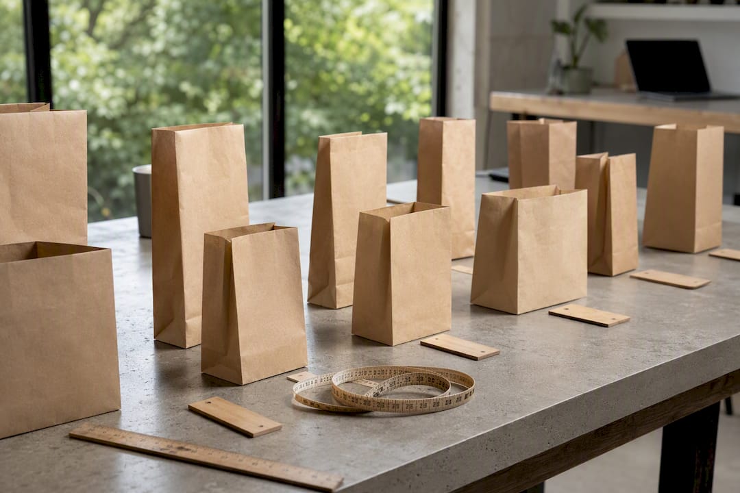 Flat eco-friendly paper bags measured and laid out