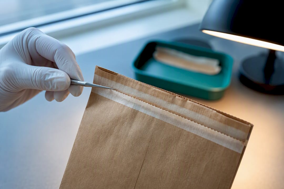 Close-up of tamper-evident bag seal inspection