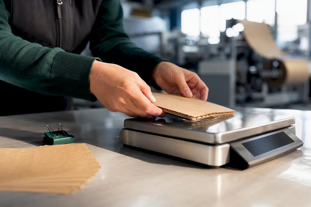 Kraft paper sample being weighed for packaging compliance