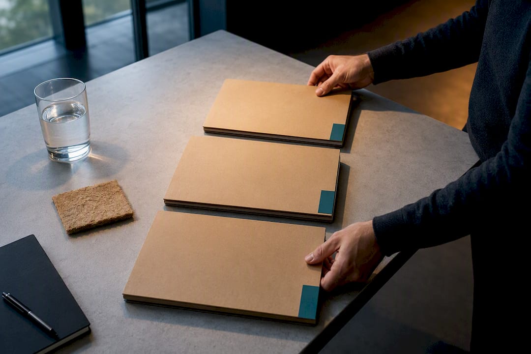 Three organized sustainable packaging evidence folders