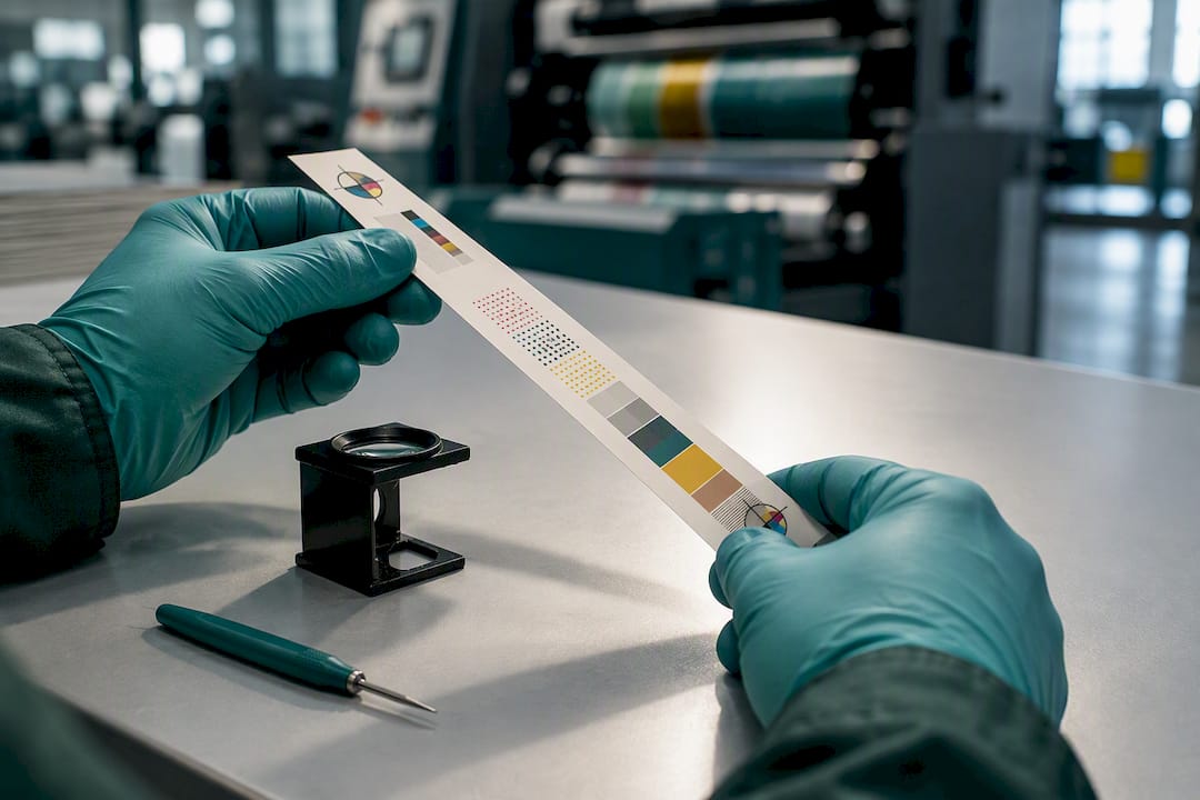 Operator inspecting flexographic print fingerprint strip