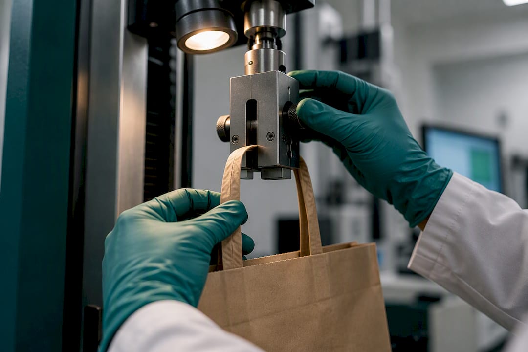 Close-up of paper bag handle strength testing