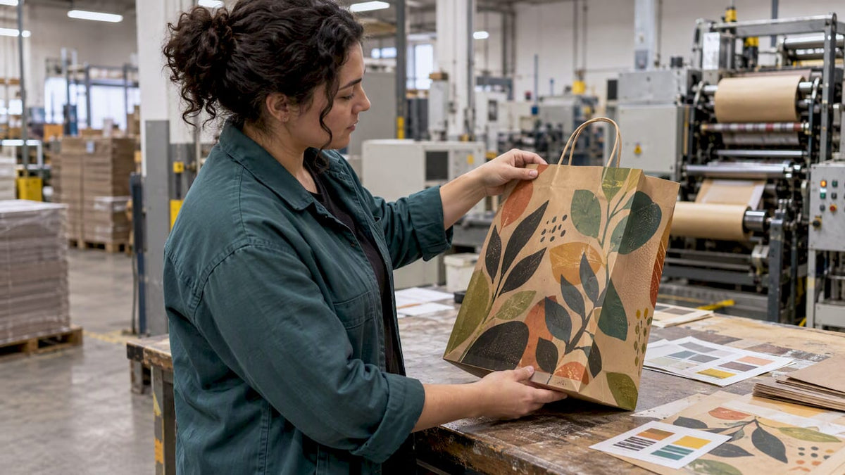 Designer inspecting recycled kraft bag prototype