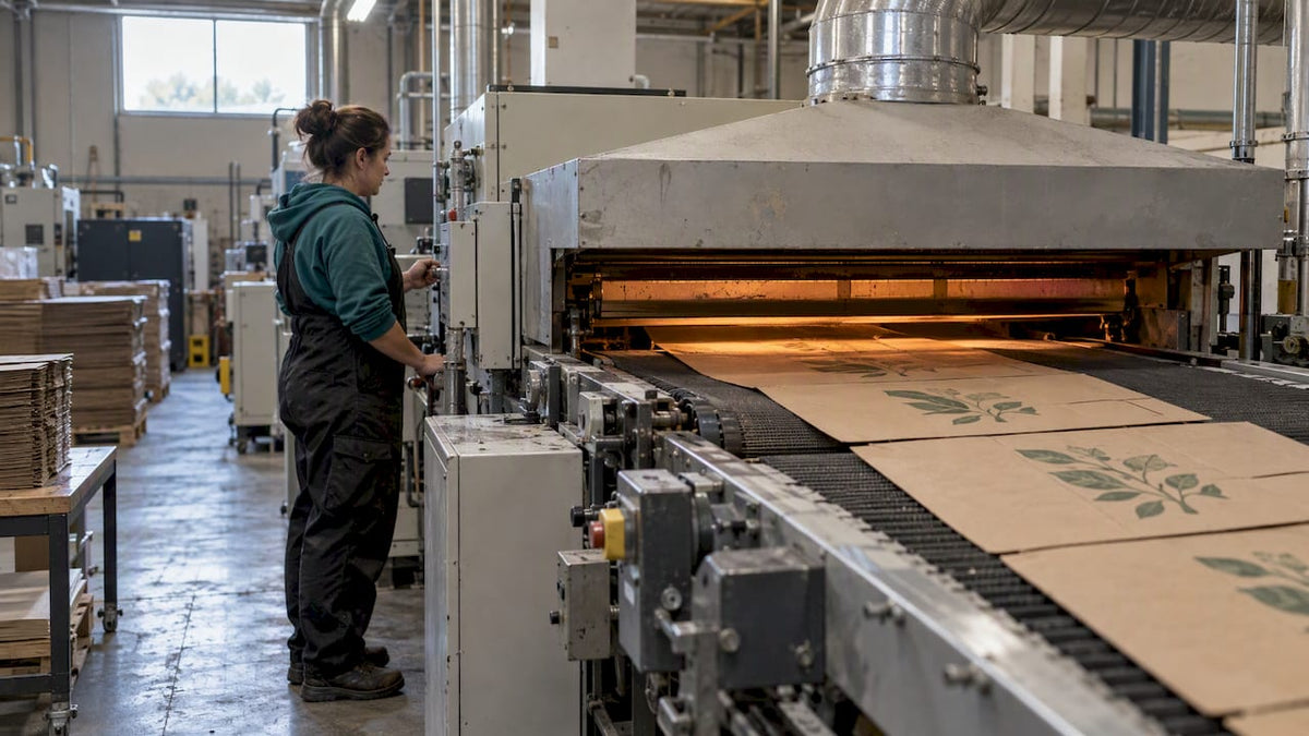 Kraft paper panel entering ink drying tunnel