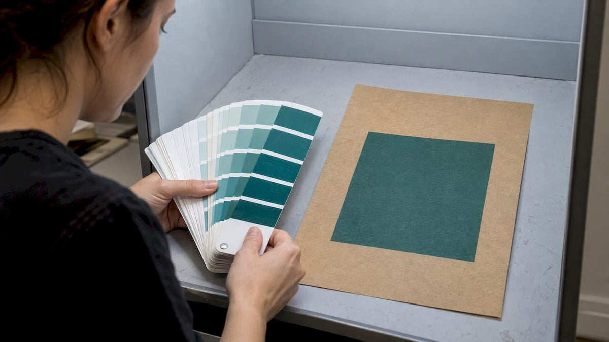 Spot color swatches compared on kraft paper
