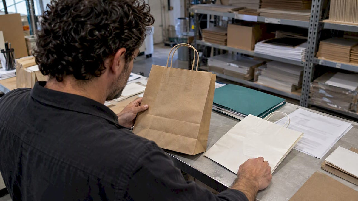 Buyer comparing paper bags and certification documents