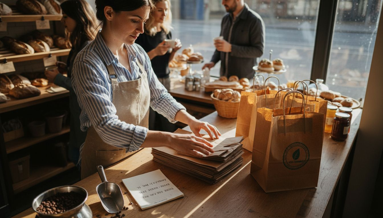 Retail manager sorting kraft paper bags