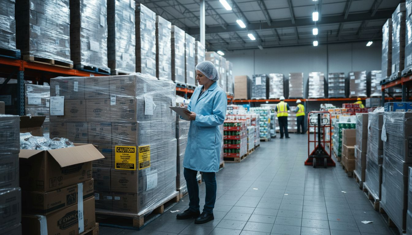 Inspector examining food shipments in warehouse