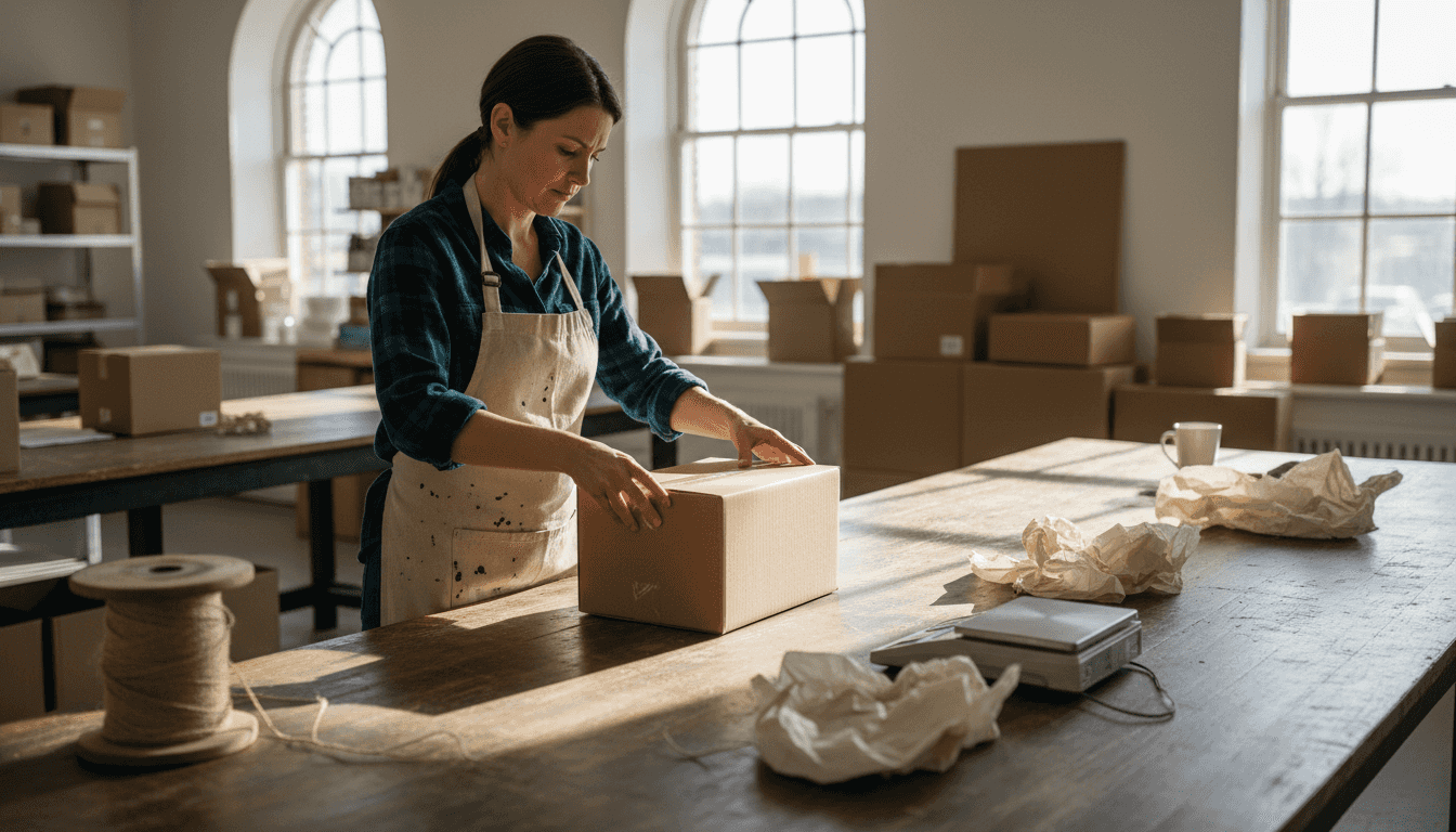 Retail worker assembling recyclable packaging boxes