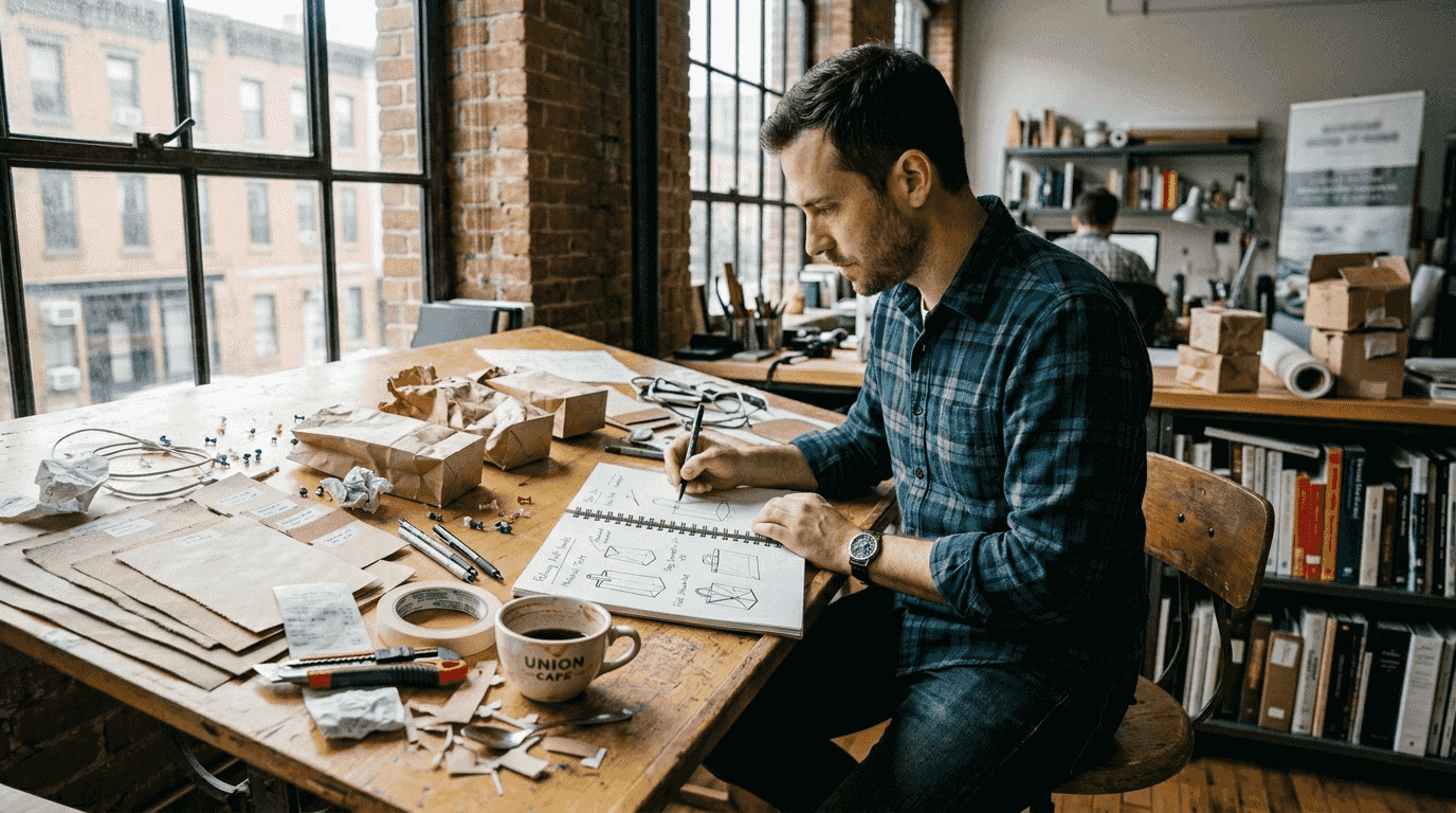 Designer sketching paper bag concepts in studio