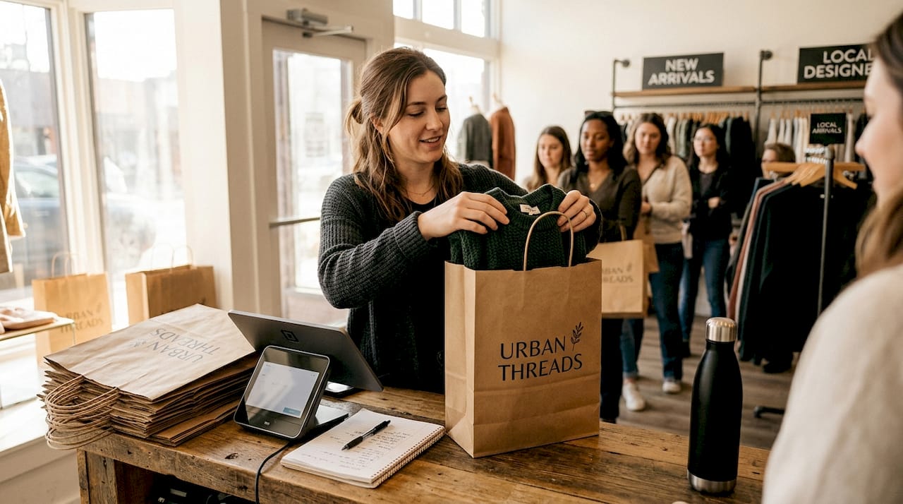 Retail associate packing custom paper bag at checkout