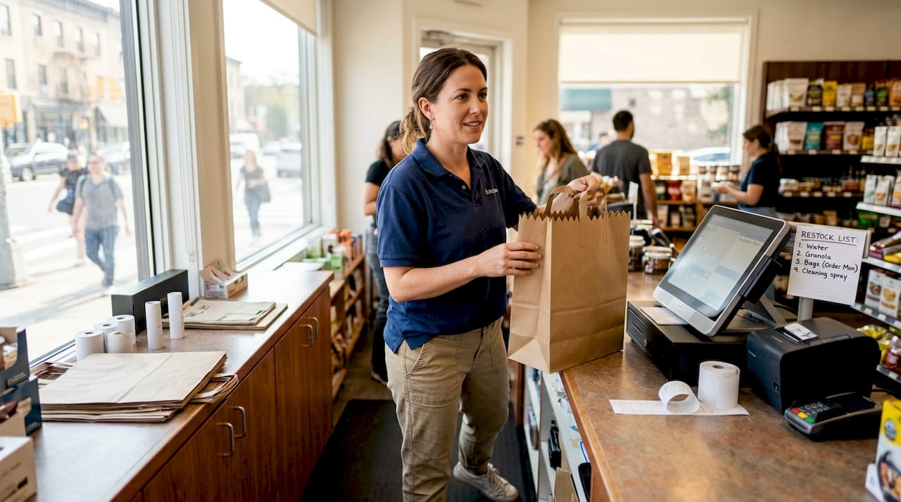 Retail manager holding serrated top paper bag
