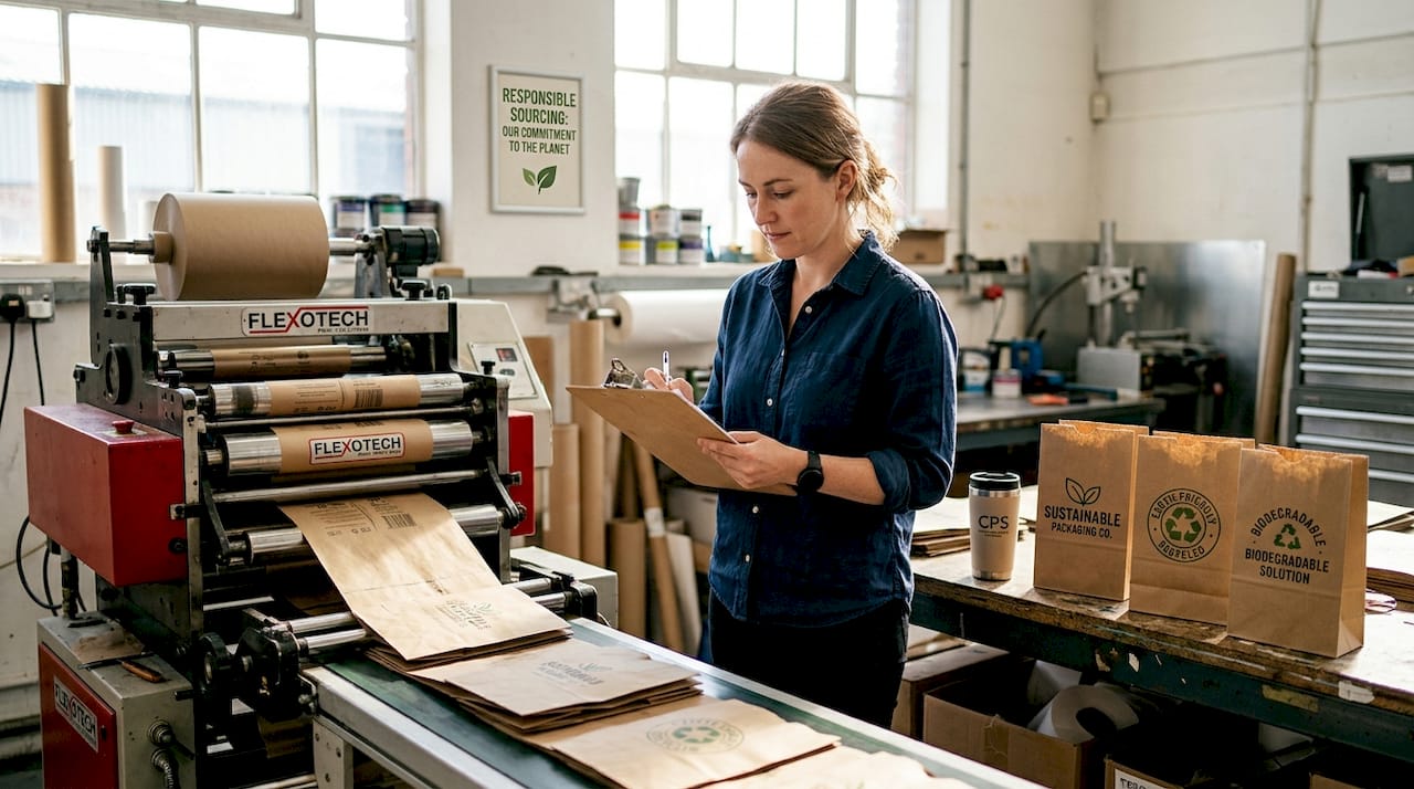 Manager reviewing eco-friendly printed bag samples