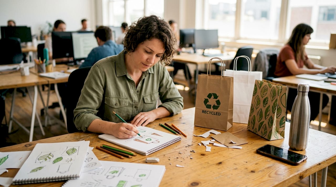 Designer sketching sustainable paper bag options