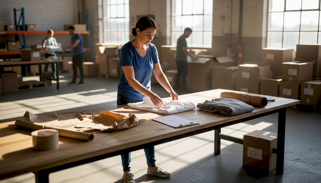 Specialist folding shirt at packing table