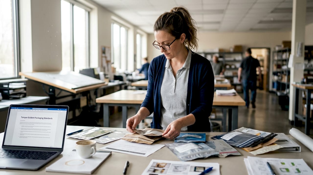 Manager reviewing tamper resistant bag samples