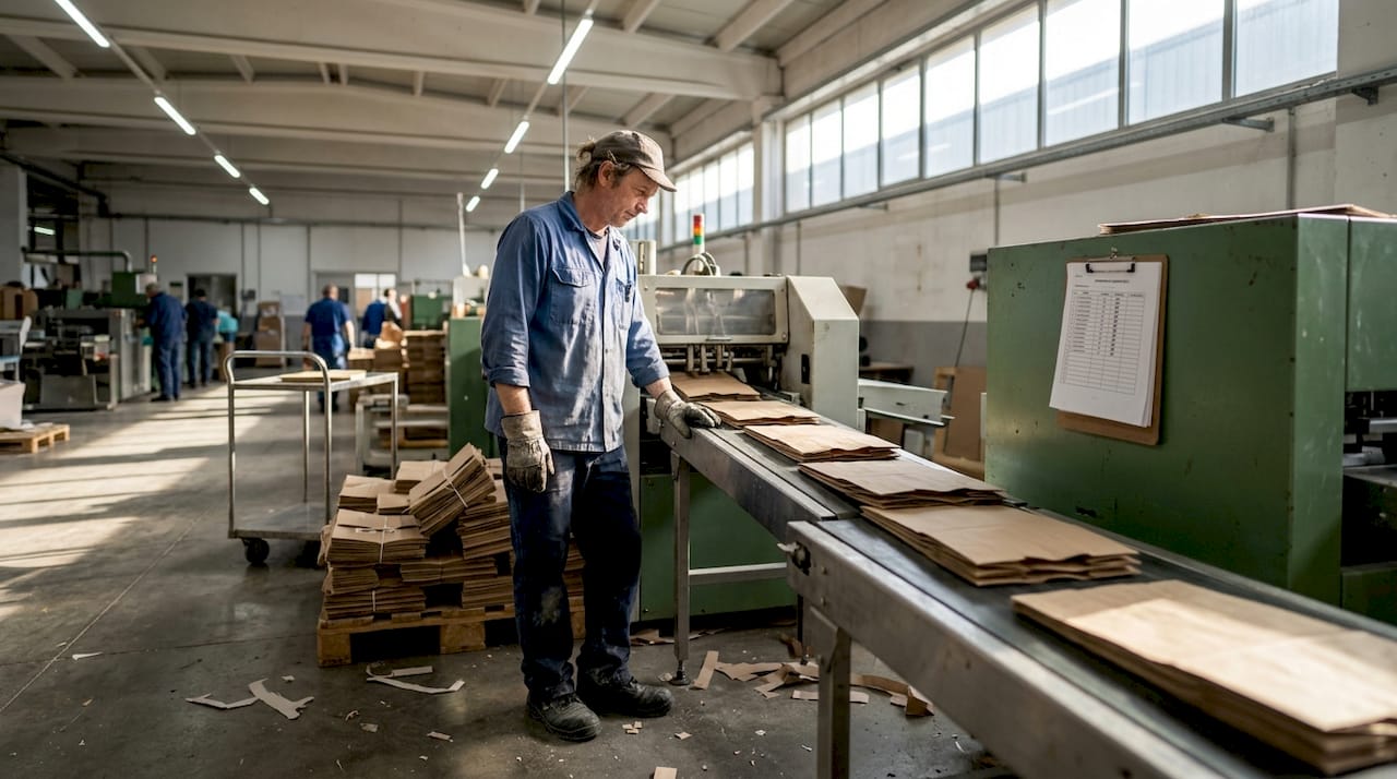 Factory worker monitoring paper bag machine
