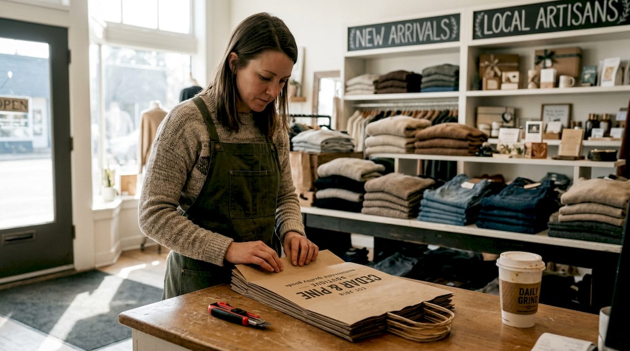 Retail staff assembling branded paper bags