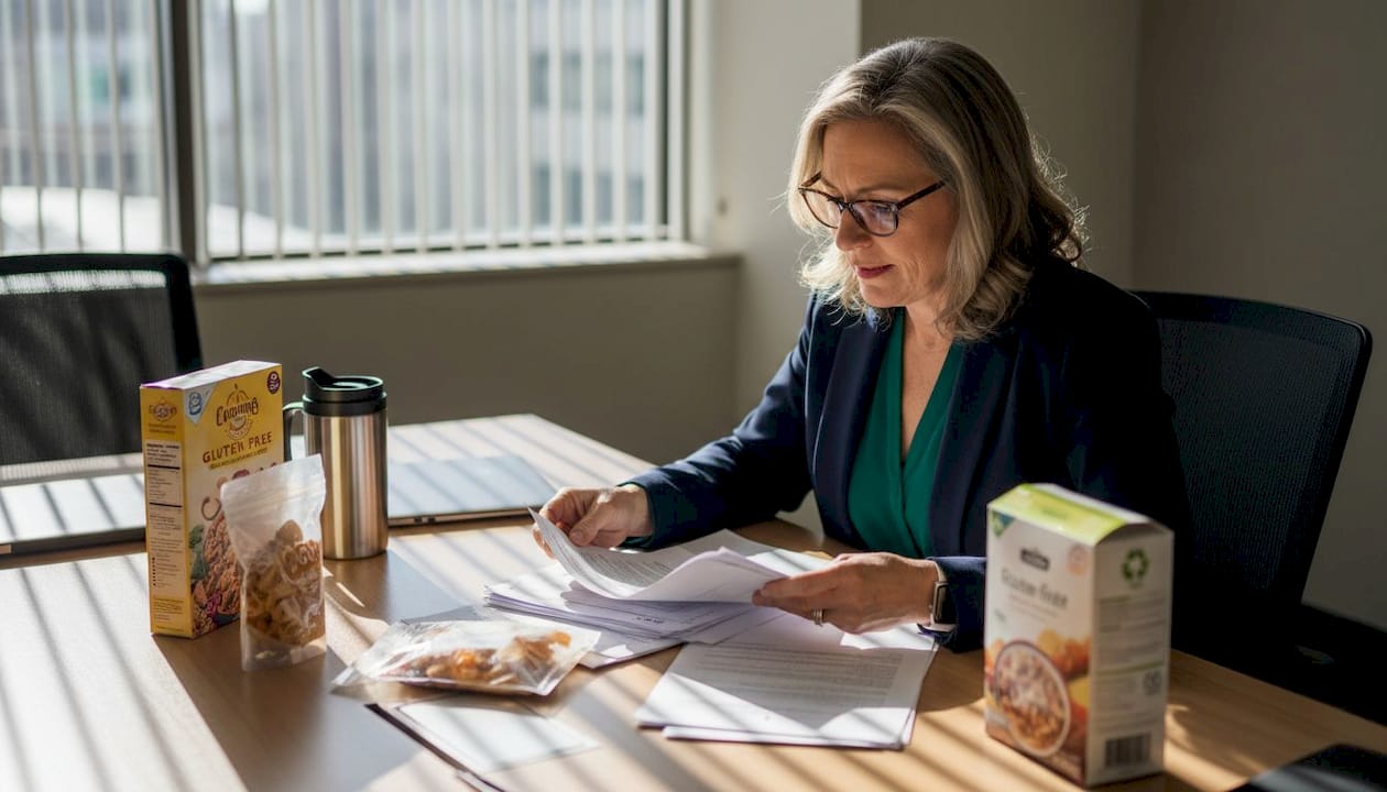 Manager reviewing packaging compliance documents in office