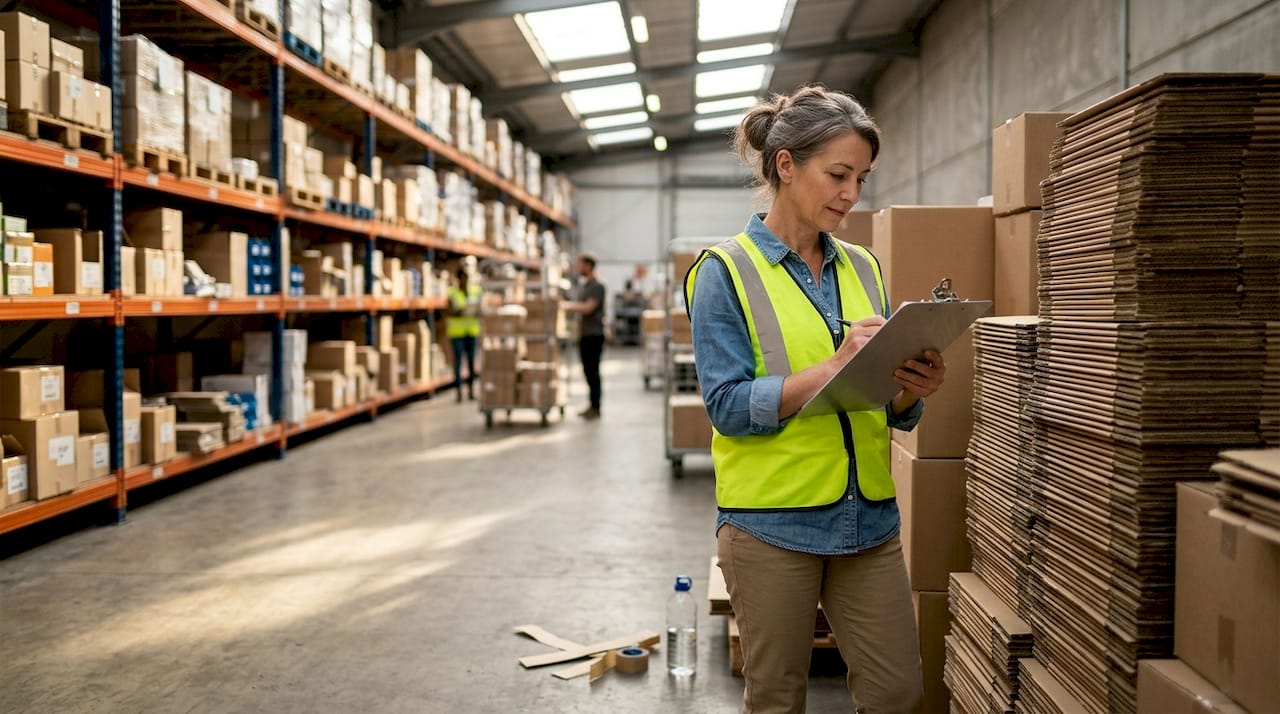 Manager overseeing paper packaging inventory