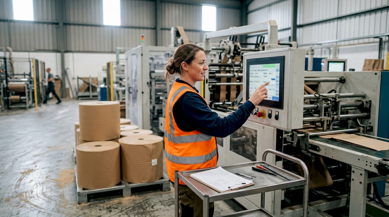 Technician at automated bag manufacturing machine